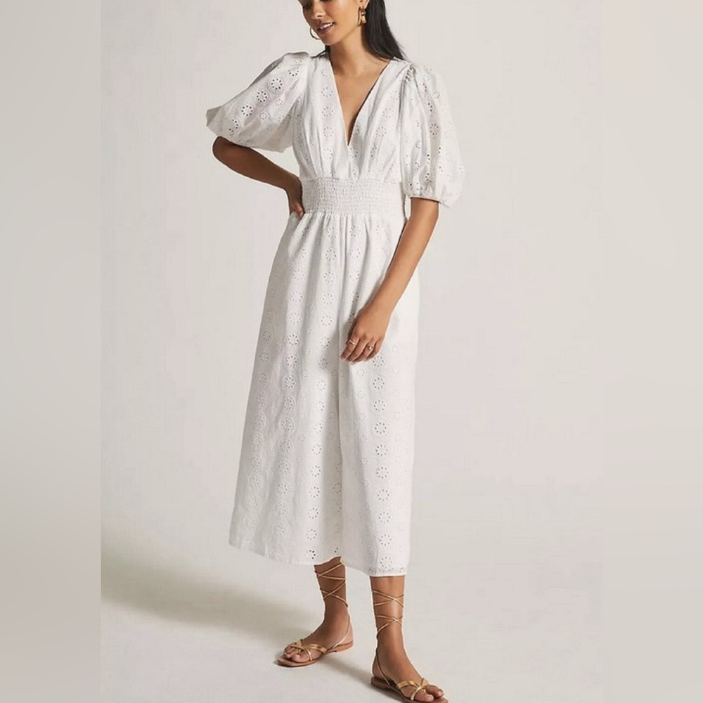 Anthropologie Hutch White Smocked-Waist Eyelet Jumpsuit Size L